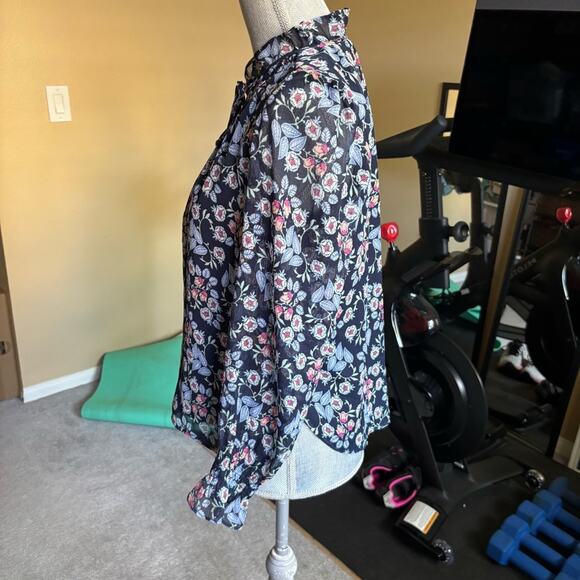 LOFT Floral Smocked Ruffle Tie Neck Blouse Navy Long Sleeve Flowy - Picture 3 of 6